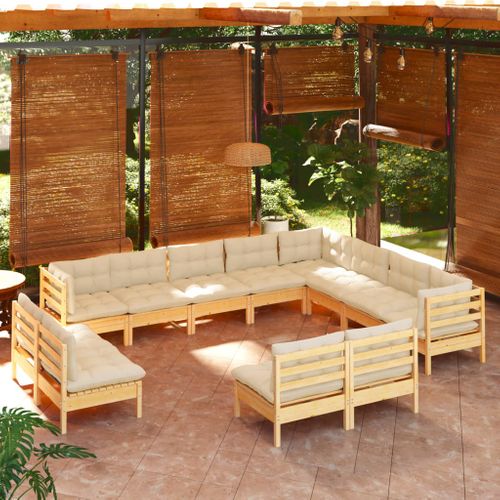 Salon De Jardin 12 PCs Avec Coussins Crème Bois De Pin Solide