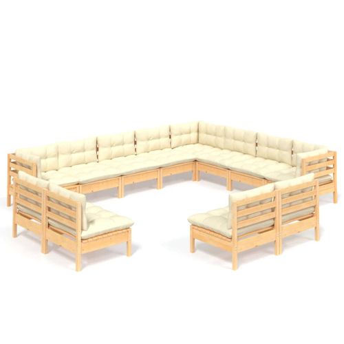 Salon De Jardin 12 PCs Avec Coussins Crème Bois De Pin Solide