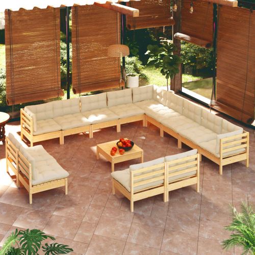 Salon De Jardin 14 PCs Avec Coussins Crème Bois De Pin Solide