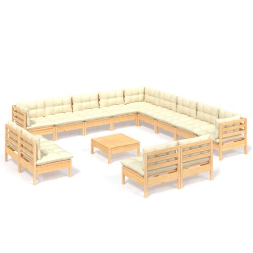 Salon De Jardin 14 PCs Avec Coussins Crème Bois De Pin Solide