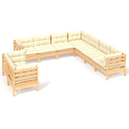 Salon De Jardin 9 Pièces Avec Coussins Crème Bois De Pin Massif
