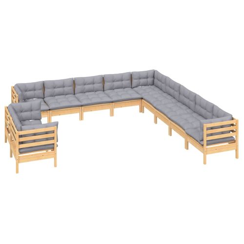 Salon De Jardin 11 Pièces Avec Coussins Gris Bois De Pin Solide