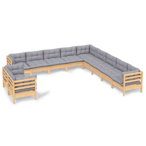 Salon De Jardin 11 Pièces Avec Coussins Gris Bois De Pin Solide