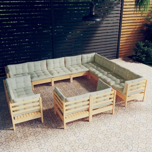 Salon De Jardin 12 PCs Avec Coussins Crème Bois De Pin Solide