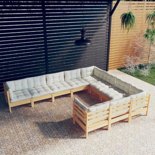 Salon De Jardin 10 PCs Avec Coussins Crème Bois De Pin Solide