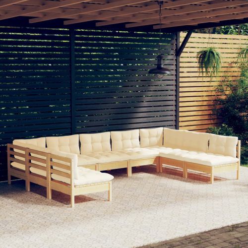 Salon De Jardin 9 PCs Avec Coussins Crème Bois De Pin Solide