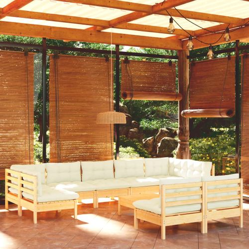 Salon De Jardin 10 PCs Avec Coussins Crème Bois De Pin Massif