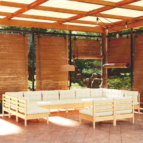 Salon De Jardin 12 PCs Avec Coussins Crème Bois De Pin Massif