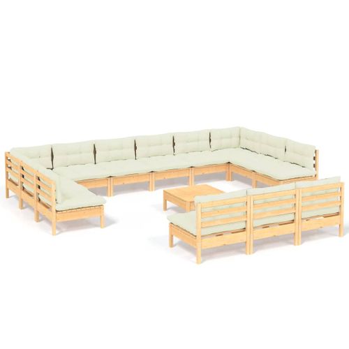 Salon De Jardin 14 PCs Avec Coussins Crème Bois De Pin Massif