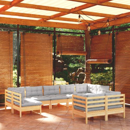 Salon De Jardin 9 Pièces Avec Coussins Gris Bois De Pin Massif