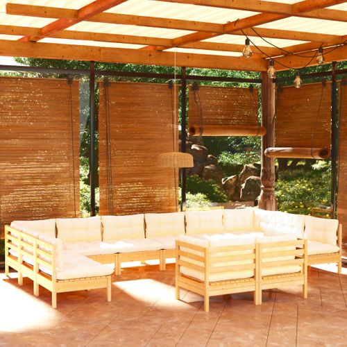Salon De Jardin 12 PCs Avec Coussins Crème Bois De Pin Massif