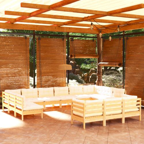 Salon De Jardin 13 PCs Avec Coussins Crème Bois De Pin