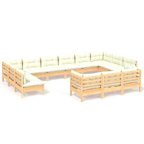 Salon De Jardin 13 PCs Avec Coussins Crème Bois De Pin