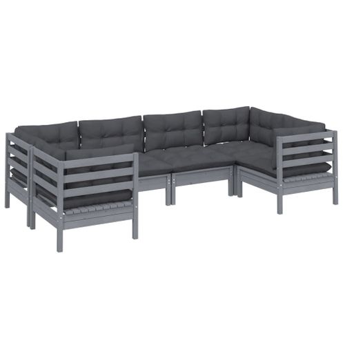 Salon De Jardin 6 Pièces Avec Coussins Gris Bois De Pin