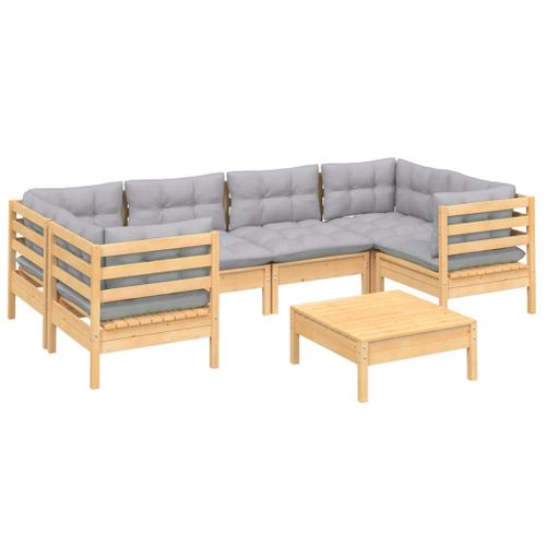 Salon De Jardin 7 Pièces Avec Coussins Gris Bois De Pin