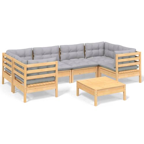 Salon De Jardin 7 Pièces Avec Coussins Gris Bois De Pin