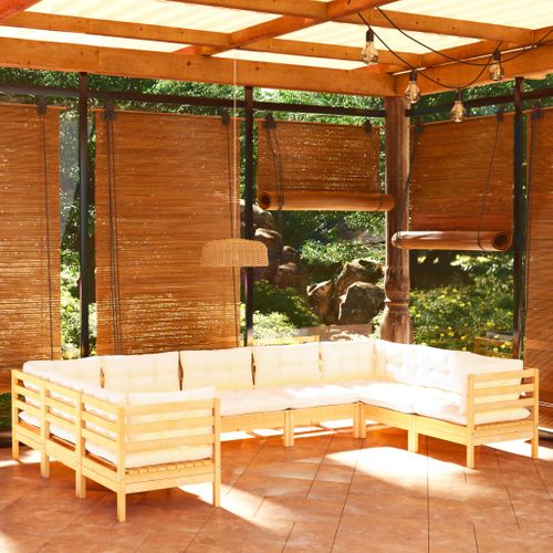 Salon De Jardin 9 Pièces Avec Coussins Crème Bois De Pin
