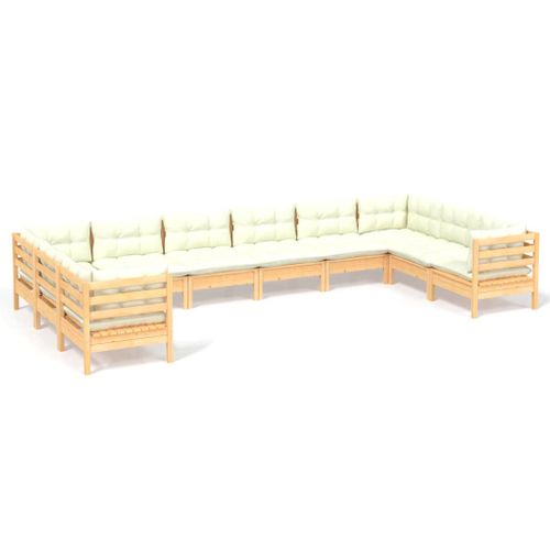 Salon De Jardin 10 PCs Avec Coussins Crème Bois De Pin