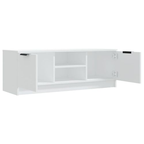 Meuble TV Blanc 102x35x36,5 Cm Bois Contreplaqué 2 Compartiments Fermés Ouverts