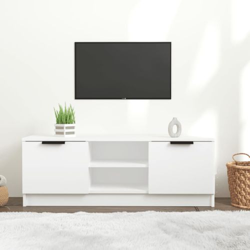 Meuble TV Blanc 102x35x36,5 Cm Bois Contreplaqué 2 Compartiments Fermés Ouverts