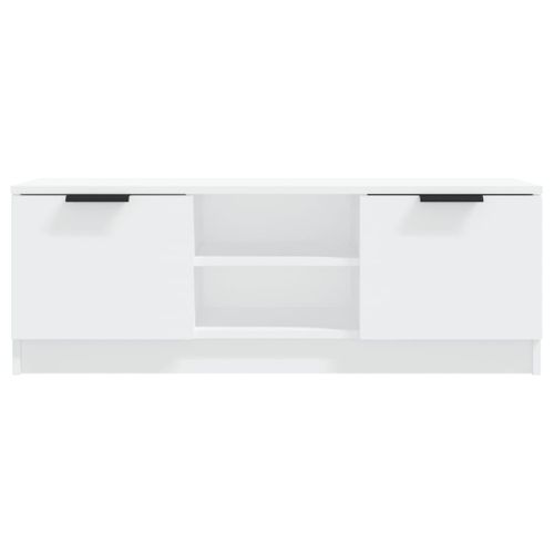 Meuble TV Blanc 102x35x36,5 Cm Bois Contreplaqué 2 Compartiments Fermés Ouverts