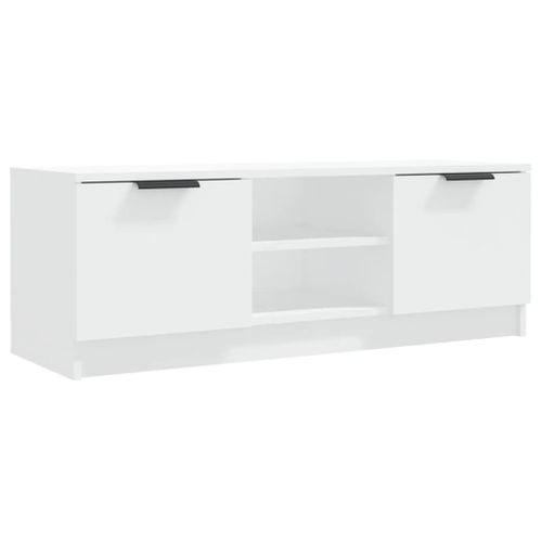 Meuble TV Blanc 102x35x36,5 Cm Bois Contreplaqué 2 Compartiments Fermés Ouverts