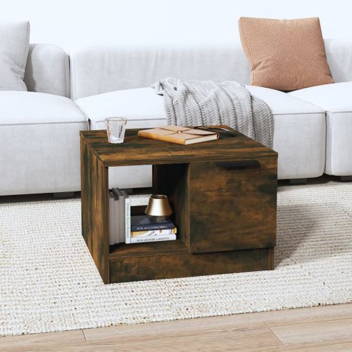 Table Basse En Chêne Fumé 50x50x36 Cm, Bois Contreplaqué, 2 Compartiments De Rangement