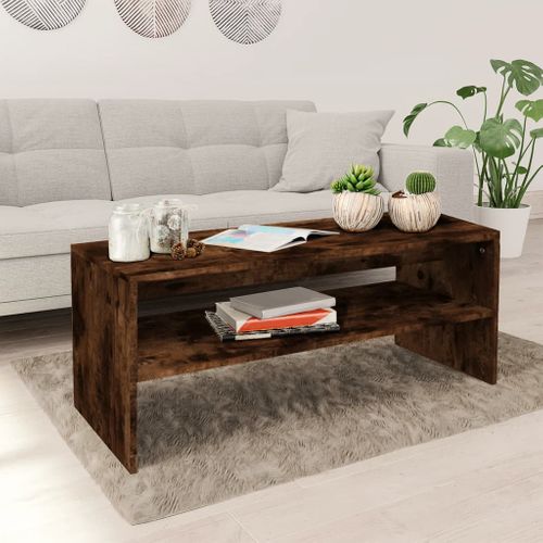 Table Basse 100x40x40 Cm En Bois Contreplaqué Chêne Fumé Avec Étagère Ouverte, Plateau