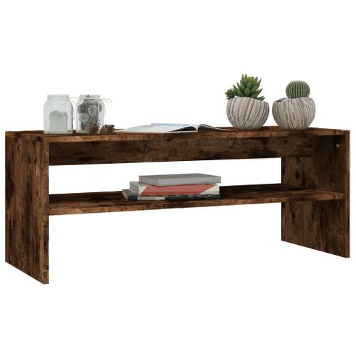 Table Basse 100x40x40 Cm En Bois Contreplaqué Chêne Fumé Avec Étagère Ouverte, Plateau