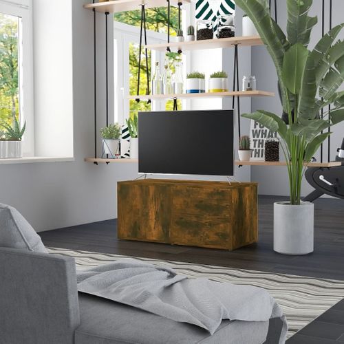 Meuble TV Chêne Fumé 80x34x36 Cm Bois Contreplaqué