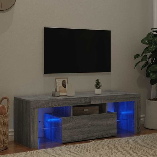 Meuble TV En Bois Contreplaqué Sonoma Gris 120x35x40 Cm Avec Éclairage LED Rvb Et Rangement