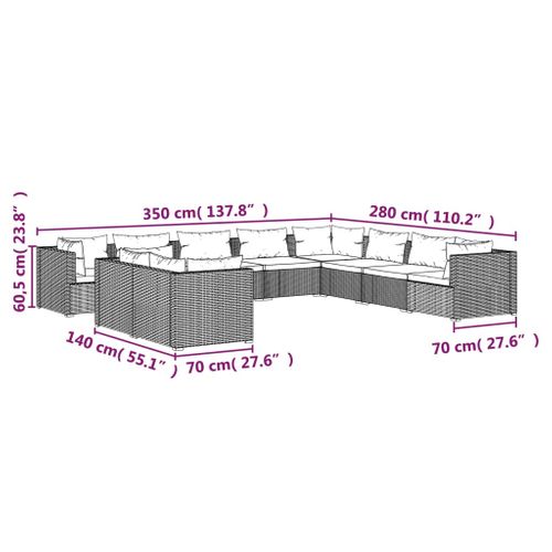Salon De Jardin 10 Pièces Avec Coussins Marron Résine Tressée