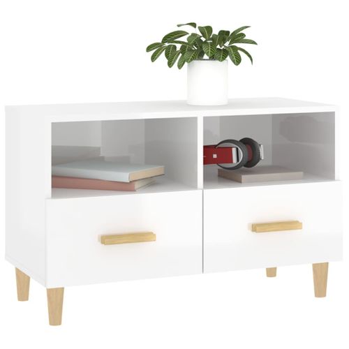 Meuble TV Blanc Brillant 80x36x50 Cm Bois Contreplaqué