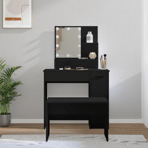 Ensemble De Coiffeuse Avec LED Noir Bois Contreplaqué