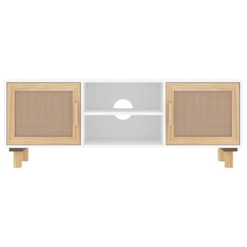 Meuble TV Blanc 105x30x40cm Bois De Pin Massif Et Rotin Naturel