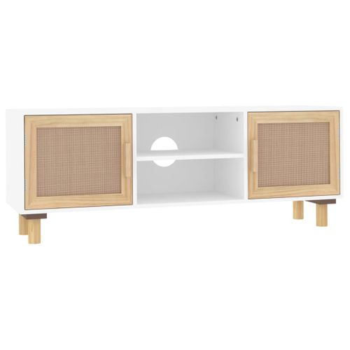 Meuble TV Blanc 105x30x40cm Bois De Pin Massif Et Rotin Naturel
