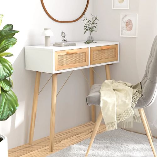 Table Console Blanc 80x30x75 Cm Bois Massif Pin /rotin Naturel