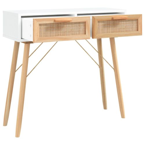 Table Console Blanc 80x30x75 Cm Bois Massif Pin /rotin Naturel