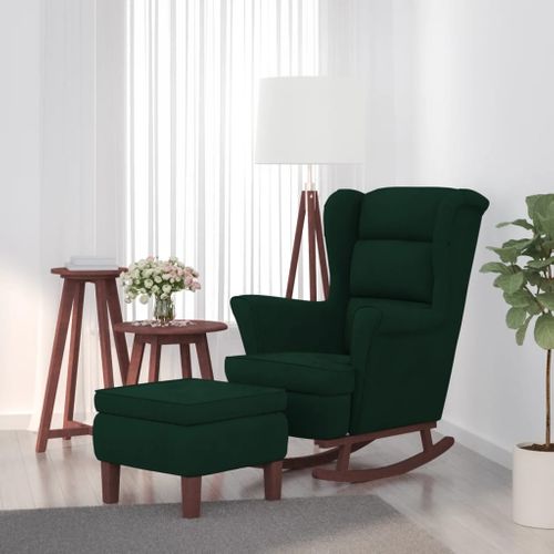 Fauteuil à Bascule à Oreilles En Velours Vert Foncé Bois Massif