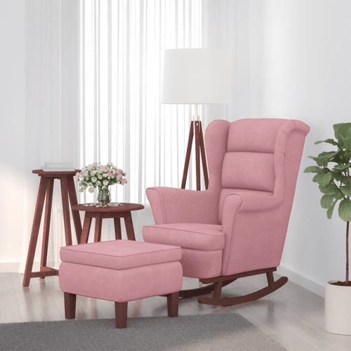 Fauteuil à Bascule à Oreilles En Velours Rose Bois Massif