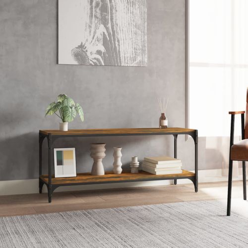Meuble TV Chêne Fumé 100x33x41 Cm Bois Contreplaqué Et Acier