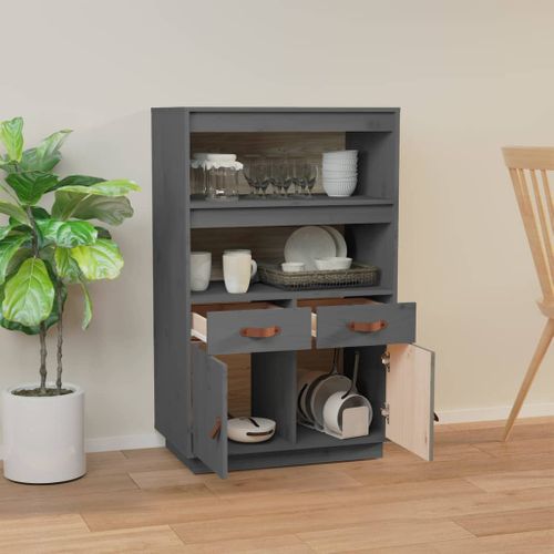 Buffet Haut Gris 67x40x108,5 Cm Bois Massif De Pin