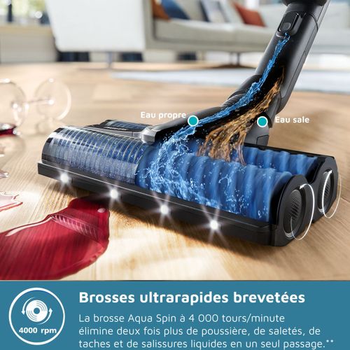 Aspirateur Balai Laveur Sans Fil -  Aquatrio Xw9463/11 - Brosses Aquaspin Haute Vitesse - Systeme A
