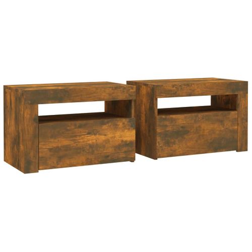 Tables De Chevet 2 Pièces Avec LED Chêne Fumé 60x35x40 Cm