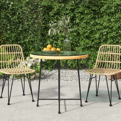 Table à Manger Ronde Ø 80 Cm Avec Plateau En Verre Trempé Et Rotin Synthétique