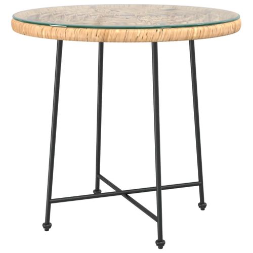 Table à Manger Ronde Ø 80 Cm Avec Plateau En Verre Trempé Et Rotin Synthétique