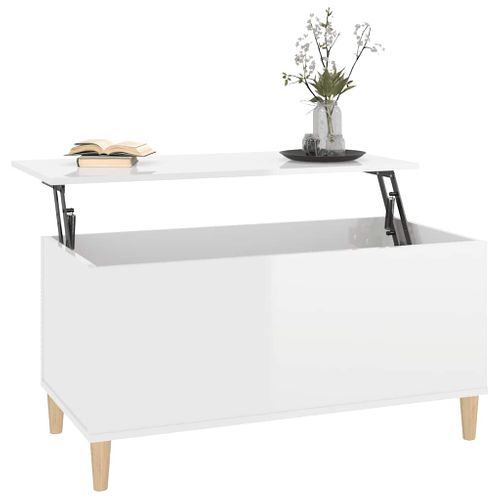 Table Basse Blanc Brillant 90x44,5x45 Cm Bois Contreplaqué