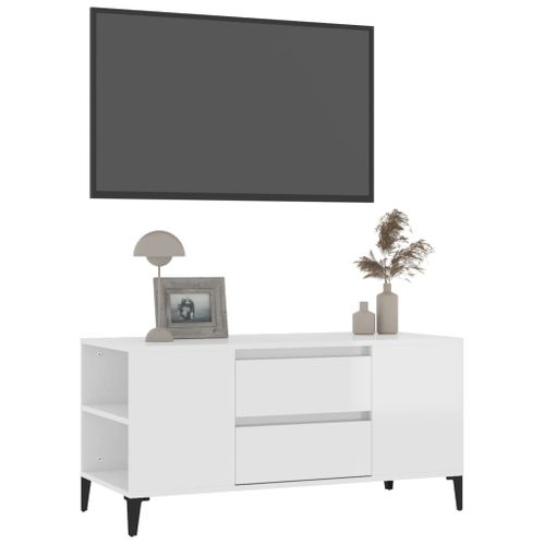 Meuble TV Blanc Brillant 102x44,5x50 Cm Bois Contreplaqué