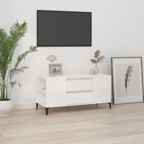 Meuble TV Blanc Brillant 102x44,5x50 Cm Bois Contreplaqué