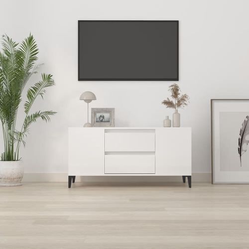 Meuble TV Blanc Brillant 102x44,5x50 Cm Bois Contreplaqué